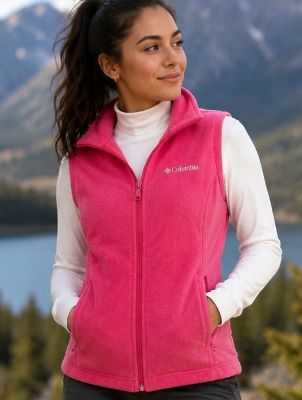 Columbia Fleece Vest Pink Full Zip Outdoor Hiking Trailcore Softshell Camping
